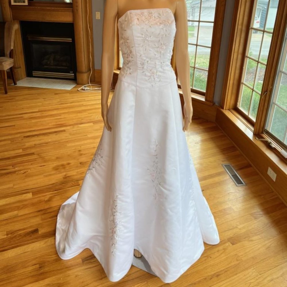 * Michaelangelo White Satin Pink Yellow Trim Wedding Dress Bridal Gown Size 8